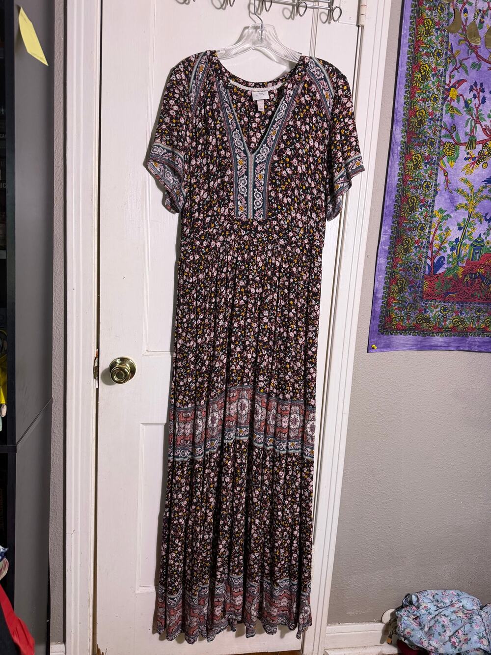 Knox Rose L Boho Floral Maxi Dress Black Border Print Flutter Sleeve